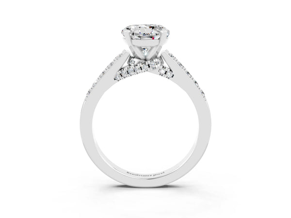 Platinum Round Cut Moissanite Solitaire Ring with Crossover Gallery and Round  Pavé Band