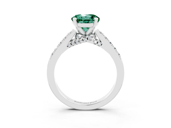 White gold Round Cut Green Sapphire Solitaire Ring with Crossover Gallery and Round  Pavé Band