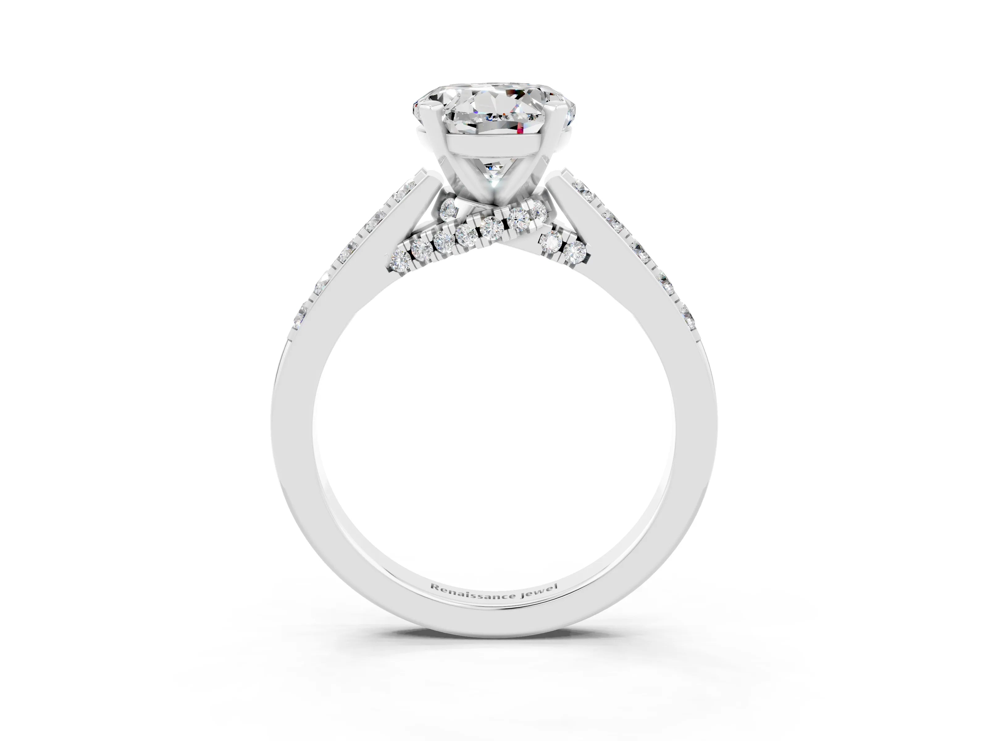 White gold Round Cut Diamond Solitaire Ring with Pavé Band and Prong Setting_3