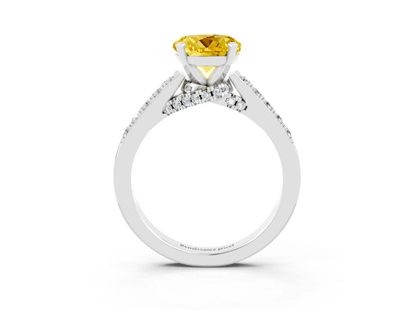 White gold Round Cut Yellow Sapphire Solitaire Ring with Crossover Gallery and Round  Pavé Band