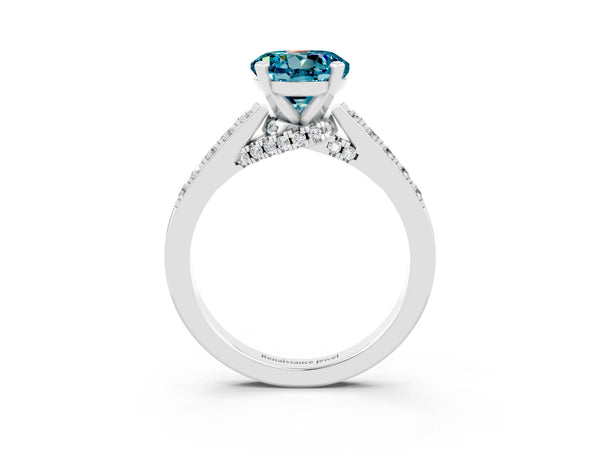 White gold Round Cut Blue Topaz Solitaire Ring with Crossover Gallery and Round  Pavé Band