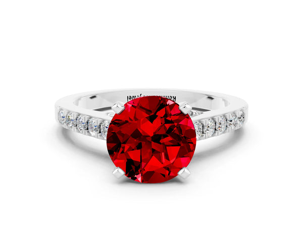 White gold Round Cut Ruby Solitaire Ring with Crossover Gallery and Round  Pavé Band