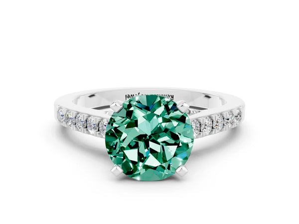 White gold Round Cut Green Sapphire Solitaire Ring with Crossover Gallery and Round  Pavé Band
