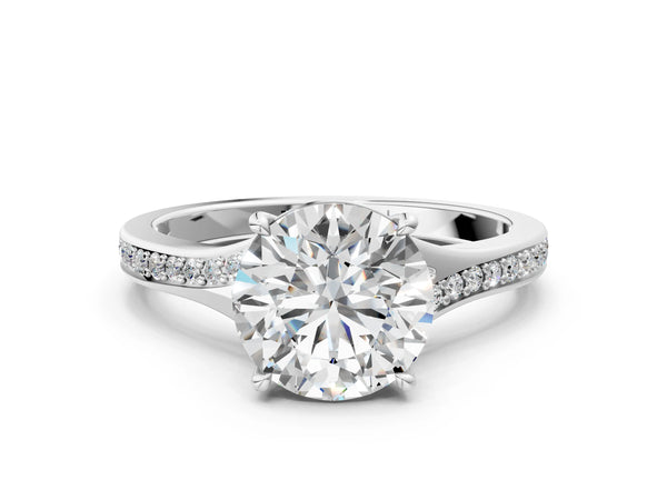 White gold Round Cut Diamond Solitaire Ring with Pavé Band and Prong Setting