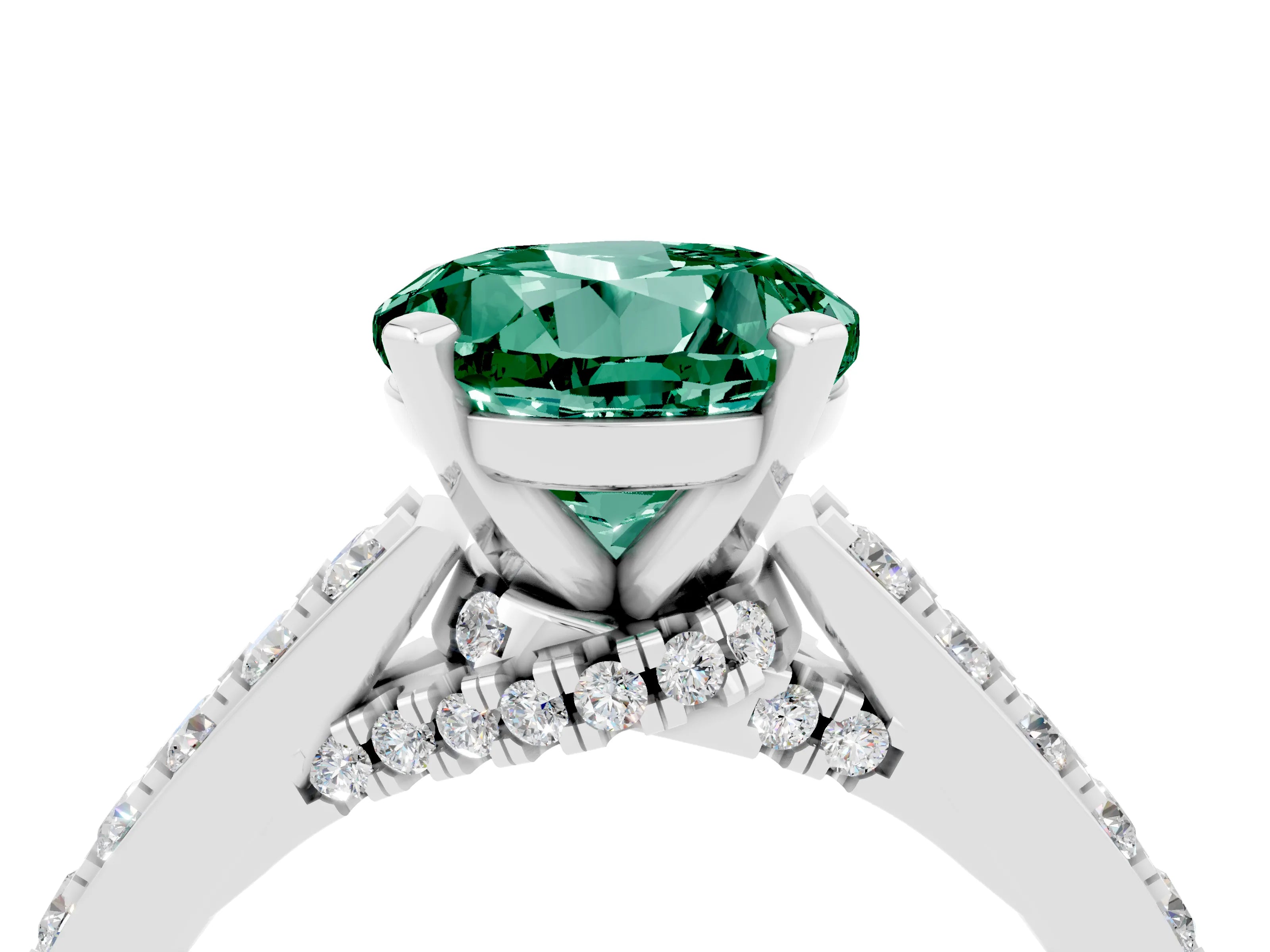 White gold Round Cut Diamond Solitaire Ring with Pavé Band and Prong Setting_4