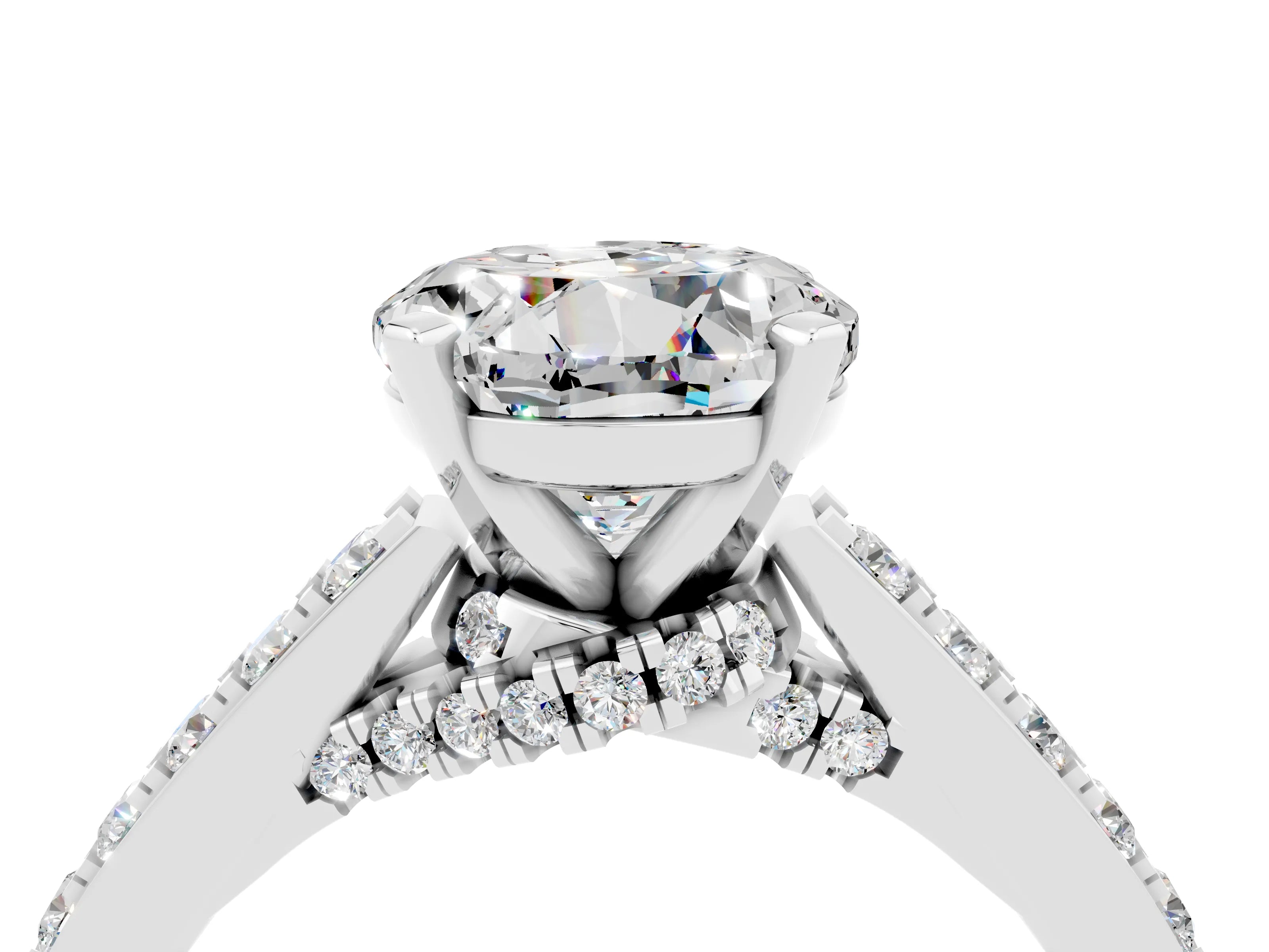 White gold Round Cut Diamond Solitaire Ring with Pavé Band and Prong Setting_4
