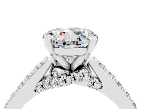 White gold Round Cut Diamond Solitaire Ring with Pavé Band and Prong Setting_4