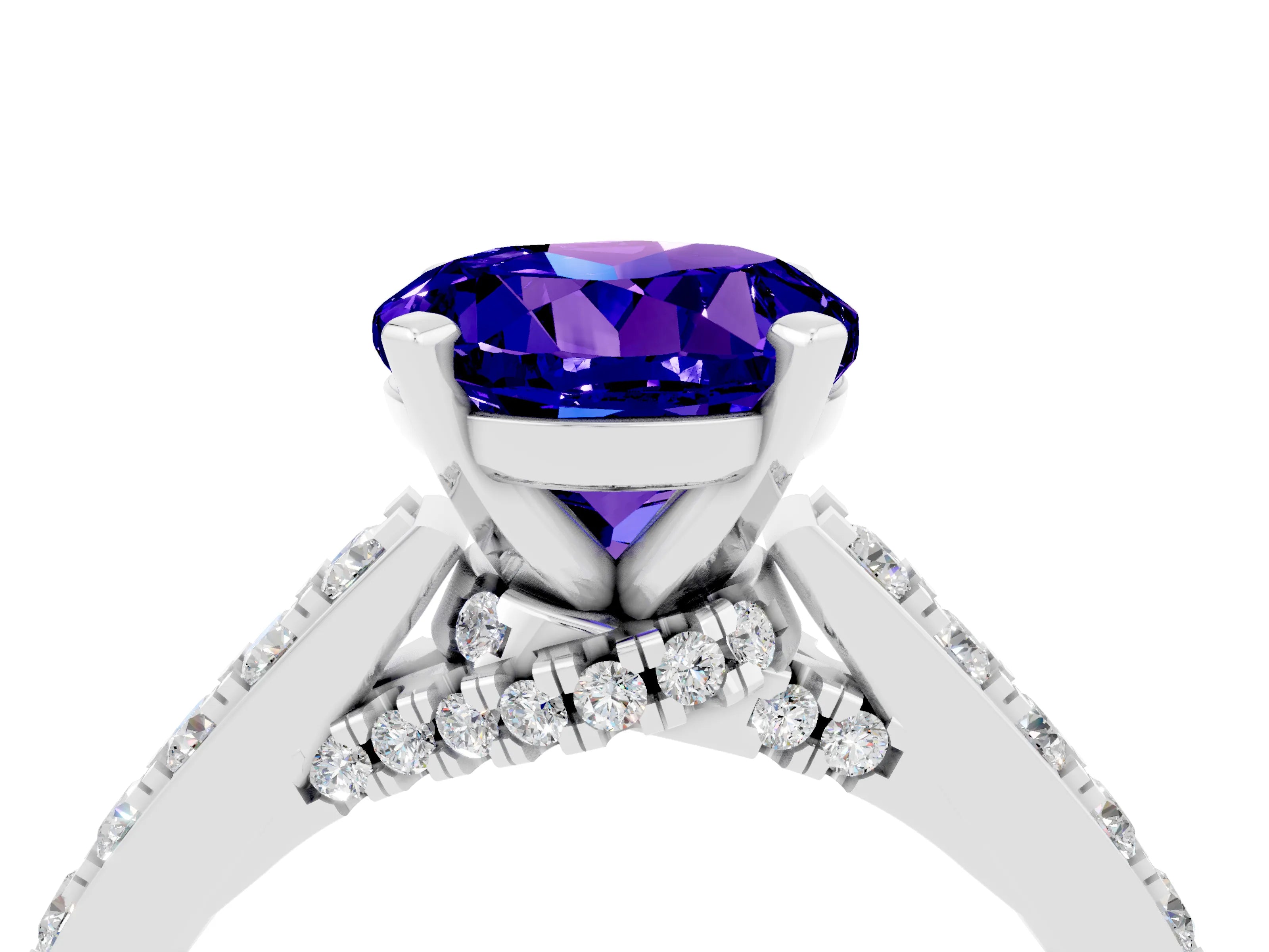 White gold Round Cut Diamond Solitaire Ring with Pavé Band and Prong Setting_4