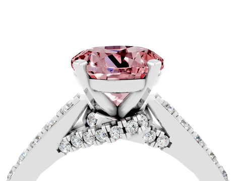White gold Round Cut Diamond Solitaire Ring with Pavé Band and Prong Setting_4