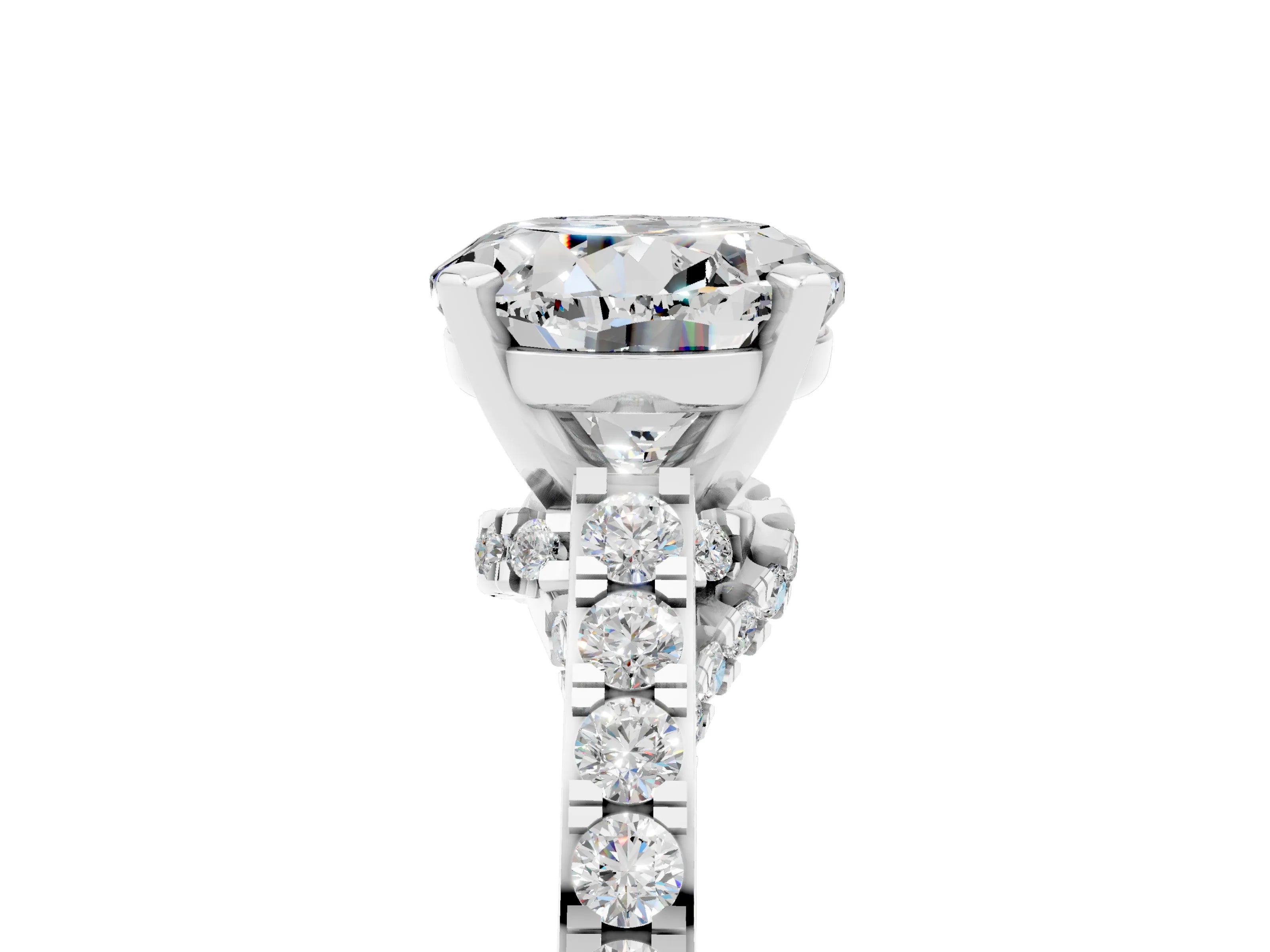 White gold Round Cut Diamond Solitaire Ring with Pavé Band and Prong Setting_5