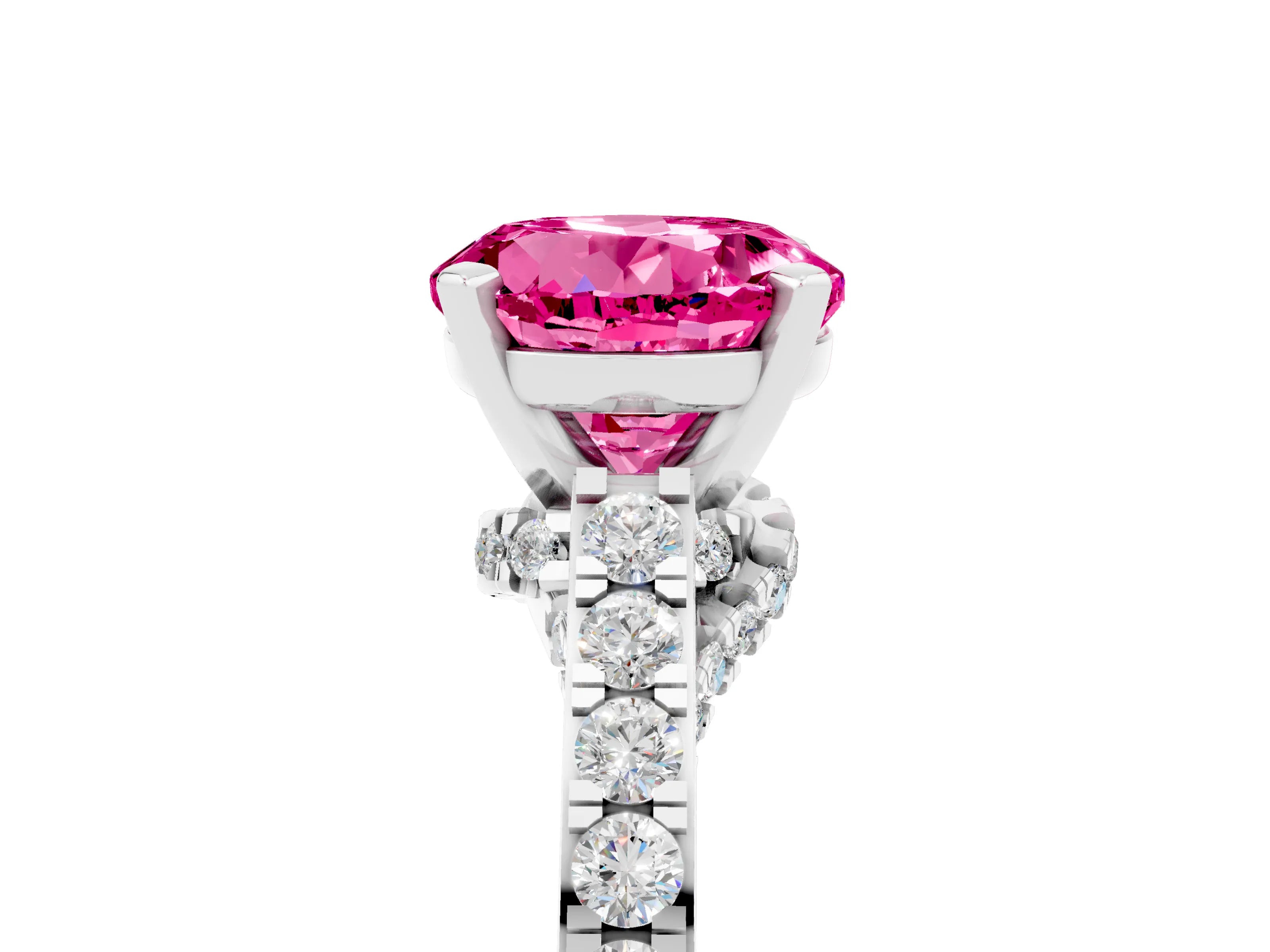 White gold Round Cut Diamond Solitaire Ring with Pavé Band and Prong Setting_5