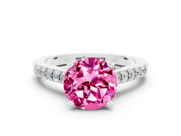 White gold Round Cut Pink Sapphire Solitaire Ring with Crossover Gallery and Round  Pavé Band