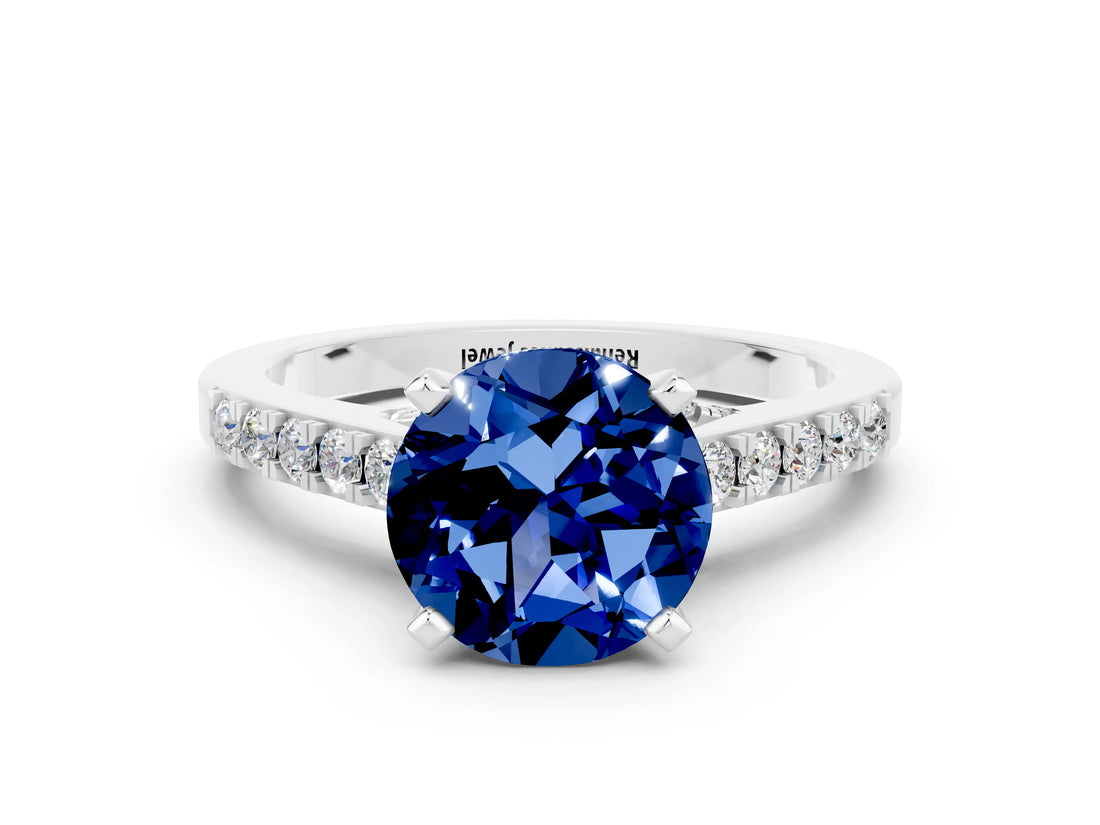 White gold Round Cut Diamond Solitaire Ring with Pavé Band and Prong Setting