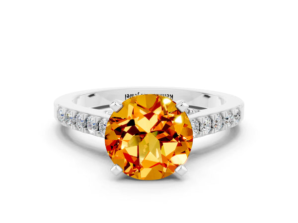 Silver Round Cut Citrine Solitaire Ring with Crossover Gallery and Round  Pavé Band