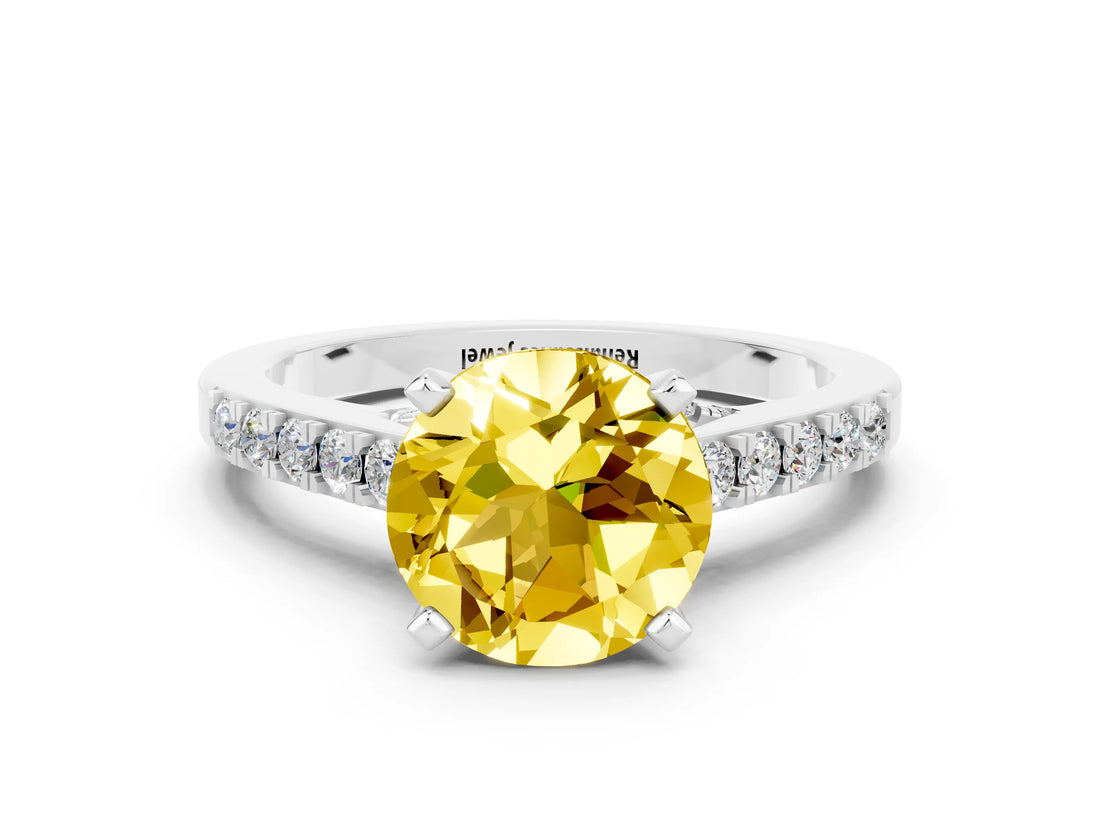 White gold Round Cut Diamond Solitaire Ring with Pavé Band and Prong Setting