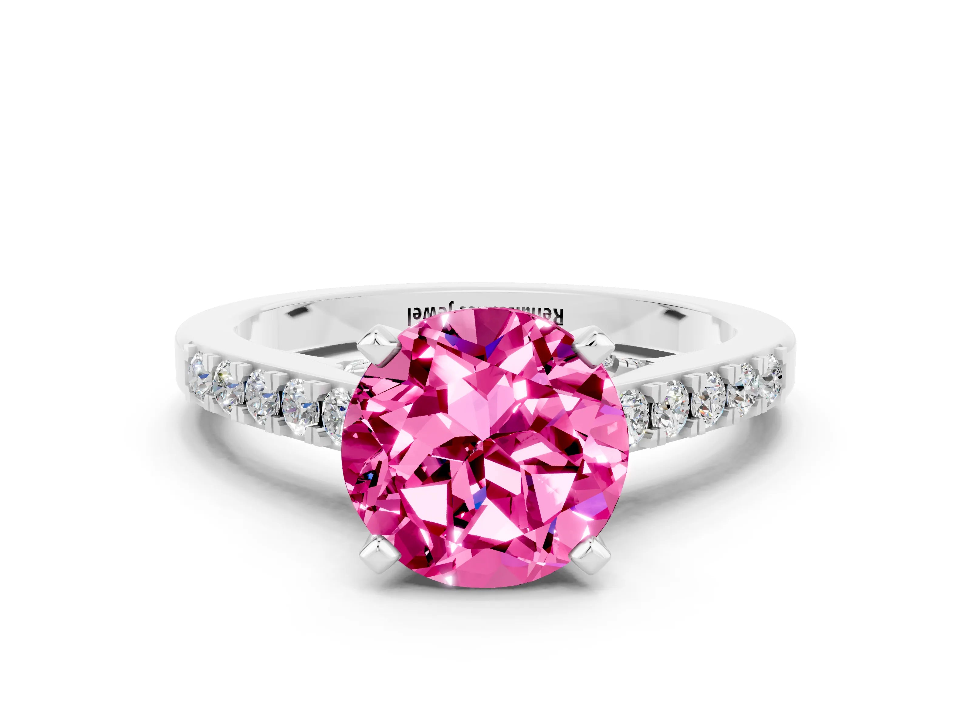 White gold Round Cut Diamond Solitaire Ring with Pavé Band and Prong Setting