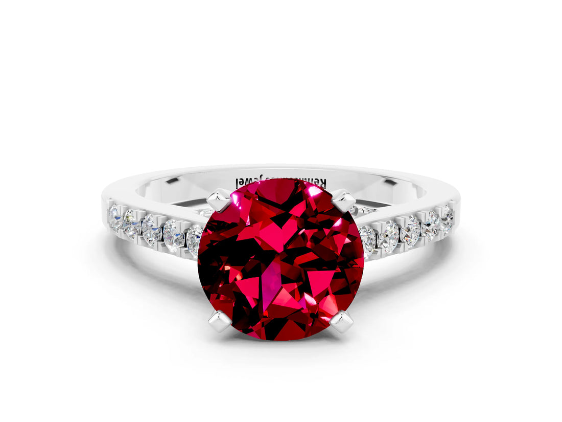White gold Round Cut Diamond Solitaire Ring with Pavé Band and Prong Setting
