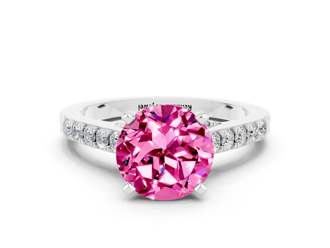 White gold Round Cut Diamond Solitaire Ring with Pavé Band and Prong Setting