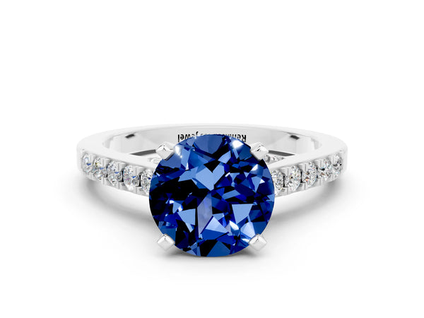 Silver Round Cut Blue Sapphire Solitaire Ring with Crossover Gallery and Round  Pavé Band