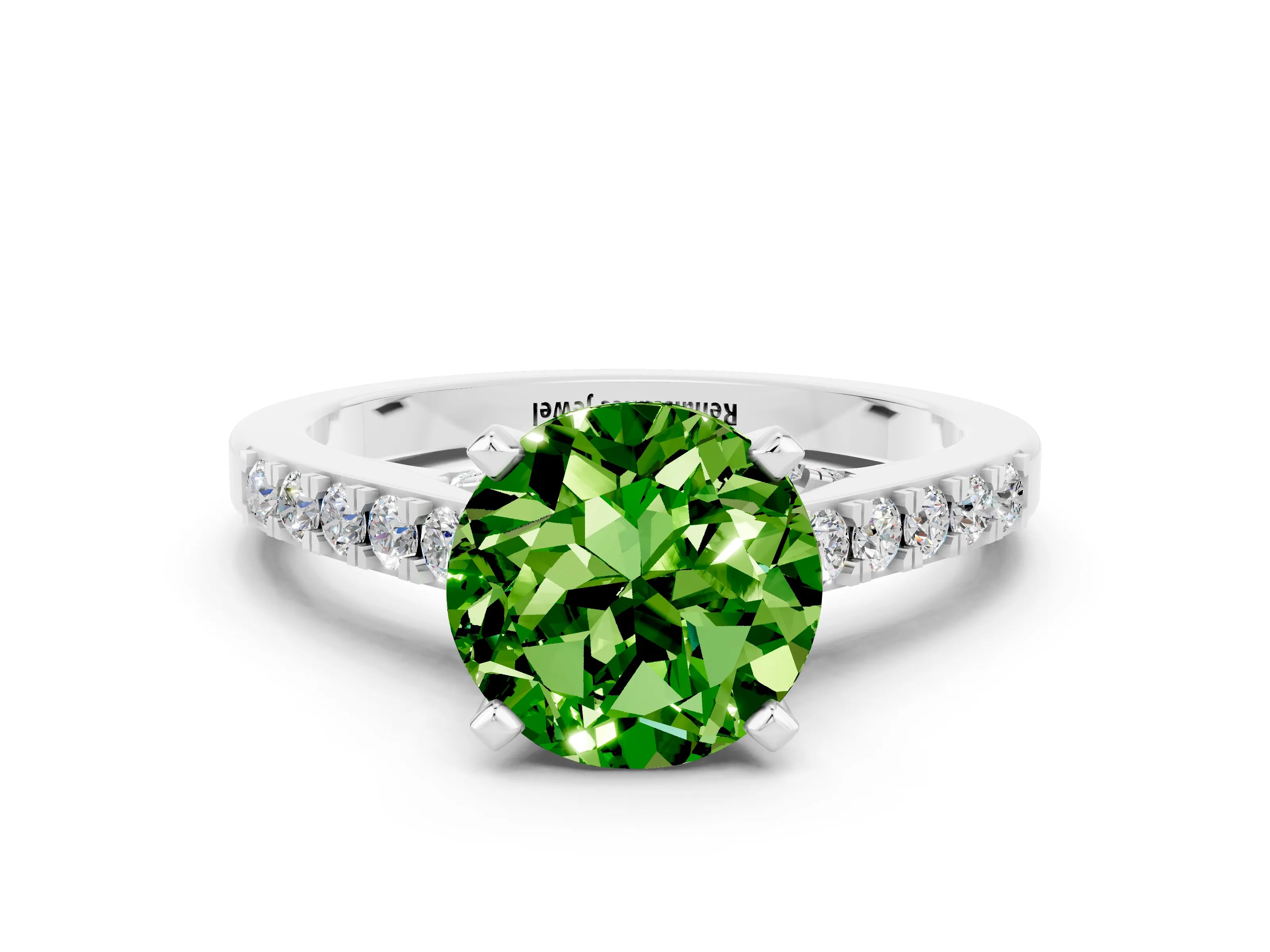 White gold Round Cut Diamond Solitaire Ring with Pavé Band and Prong Setting