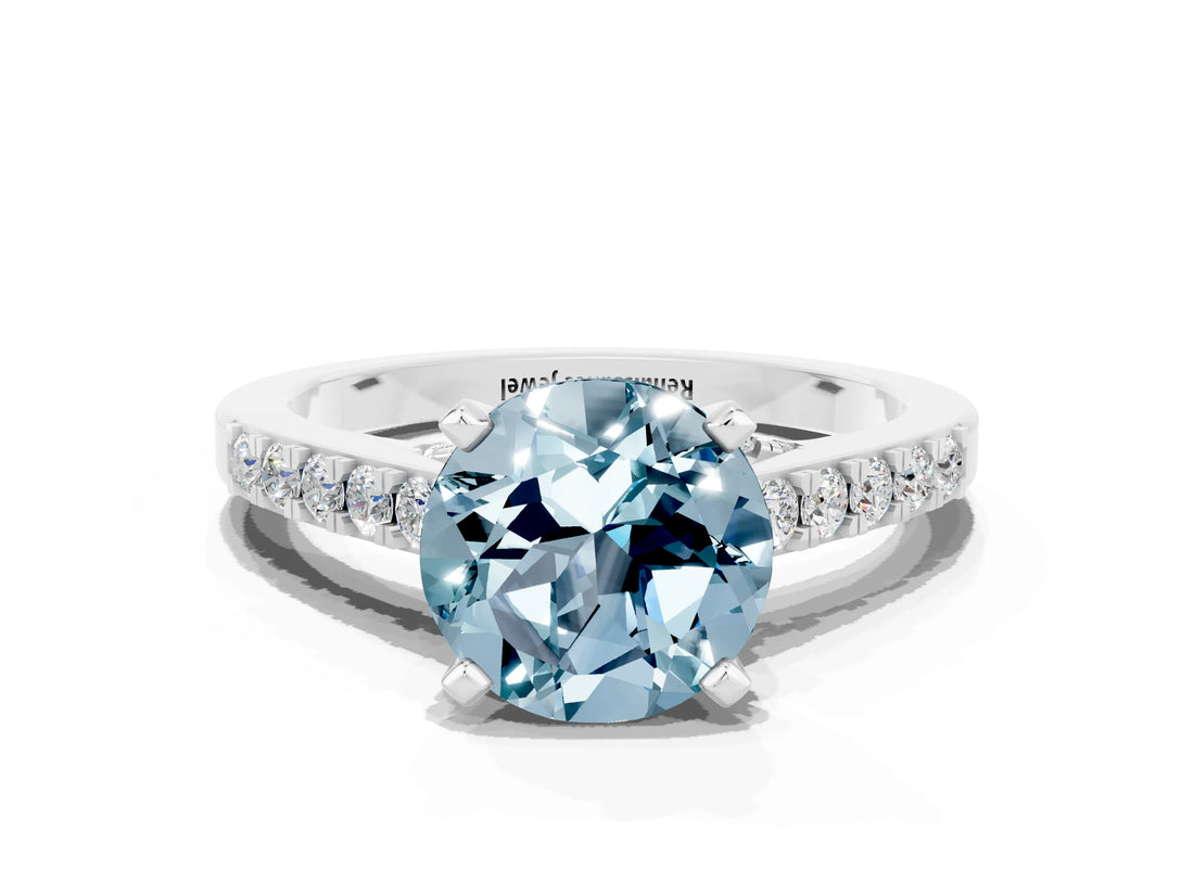 White gold Round Cut Diamond Solitaire Ring with Pavé Band and Prong Setting