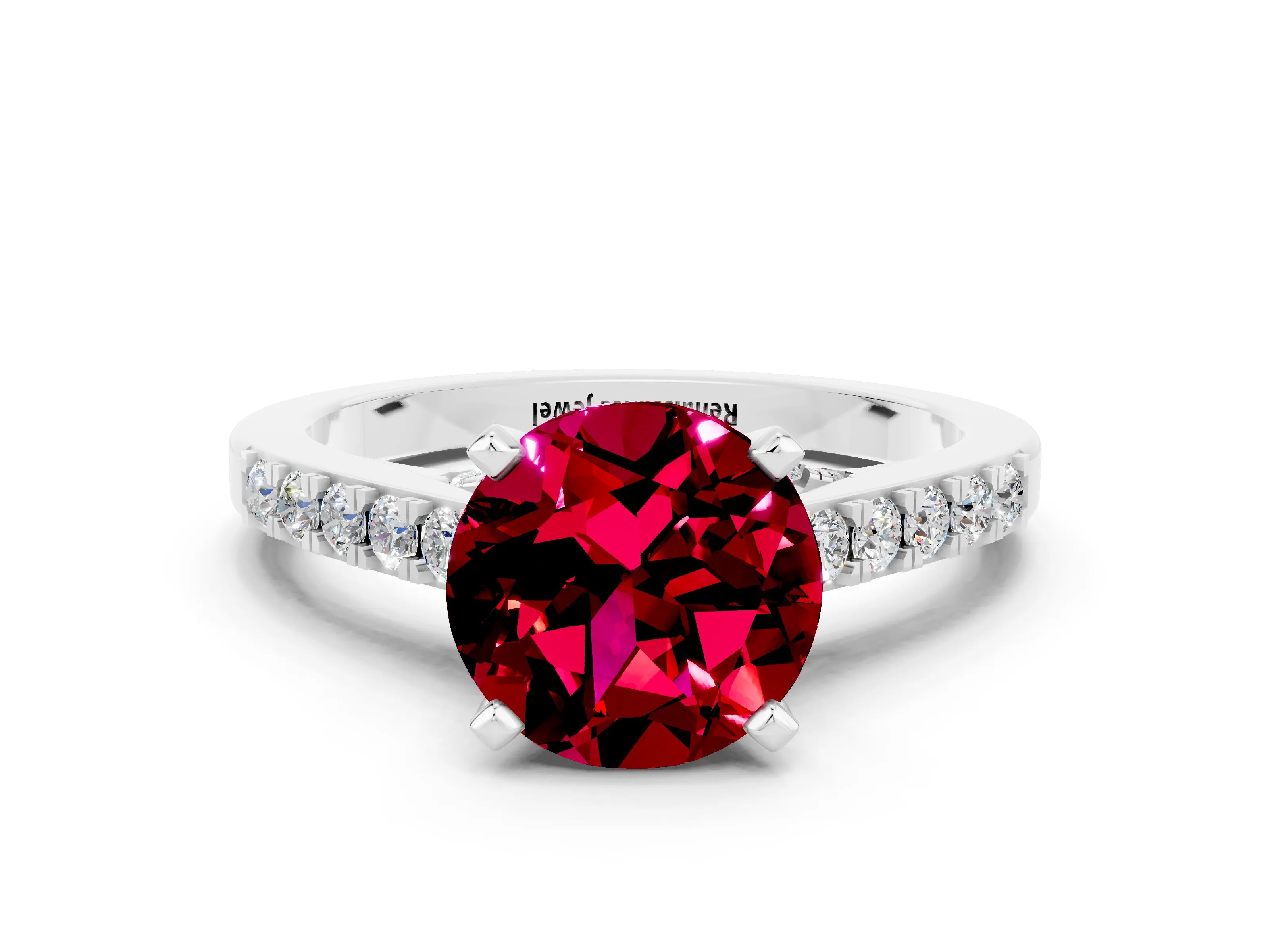 White gold Round Cut Diamond Solitaire Ring with Pavé Band and Prong Setting