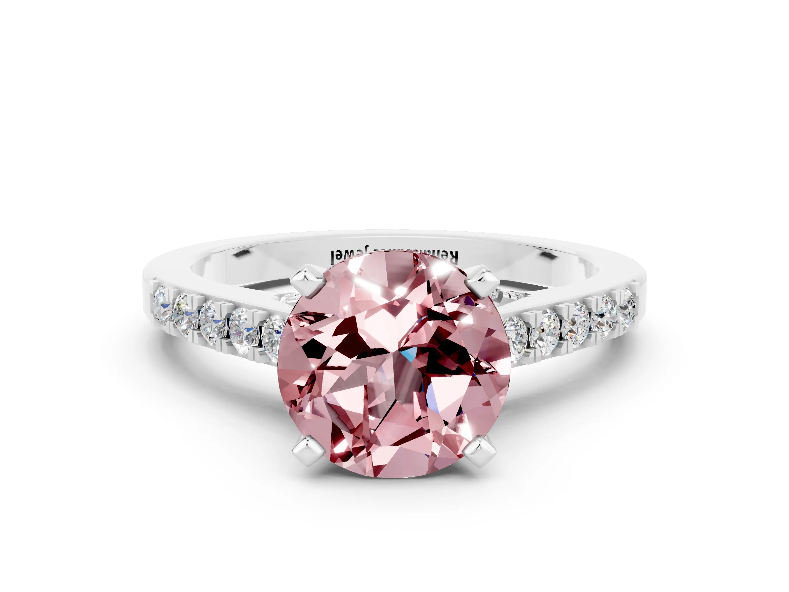 White gold Round Cut Diamond Solitaire Ring with Pavé Band and Prong Setting