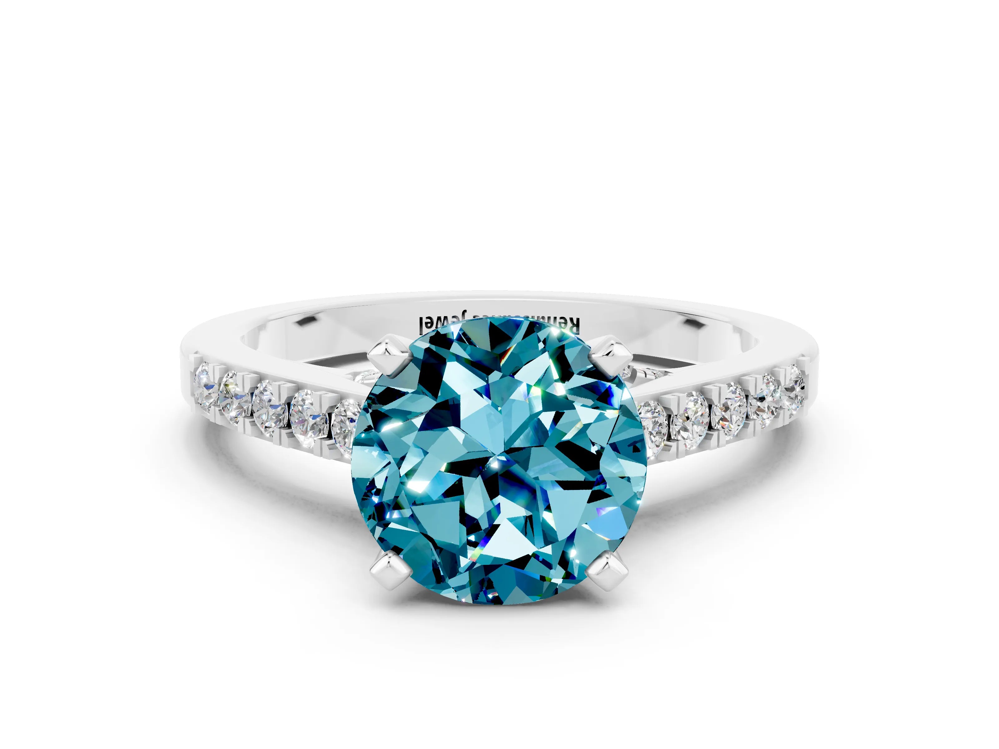 White gold Round Cut Diamond Solitaire Ring with Pavé Band and Prong Setting