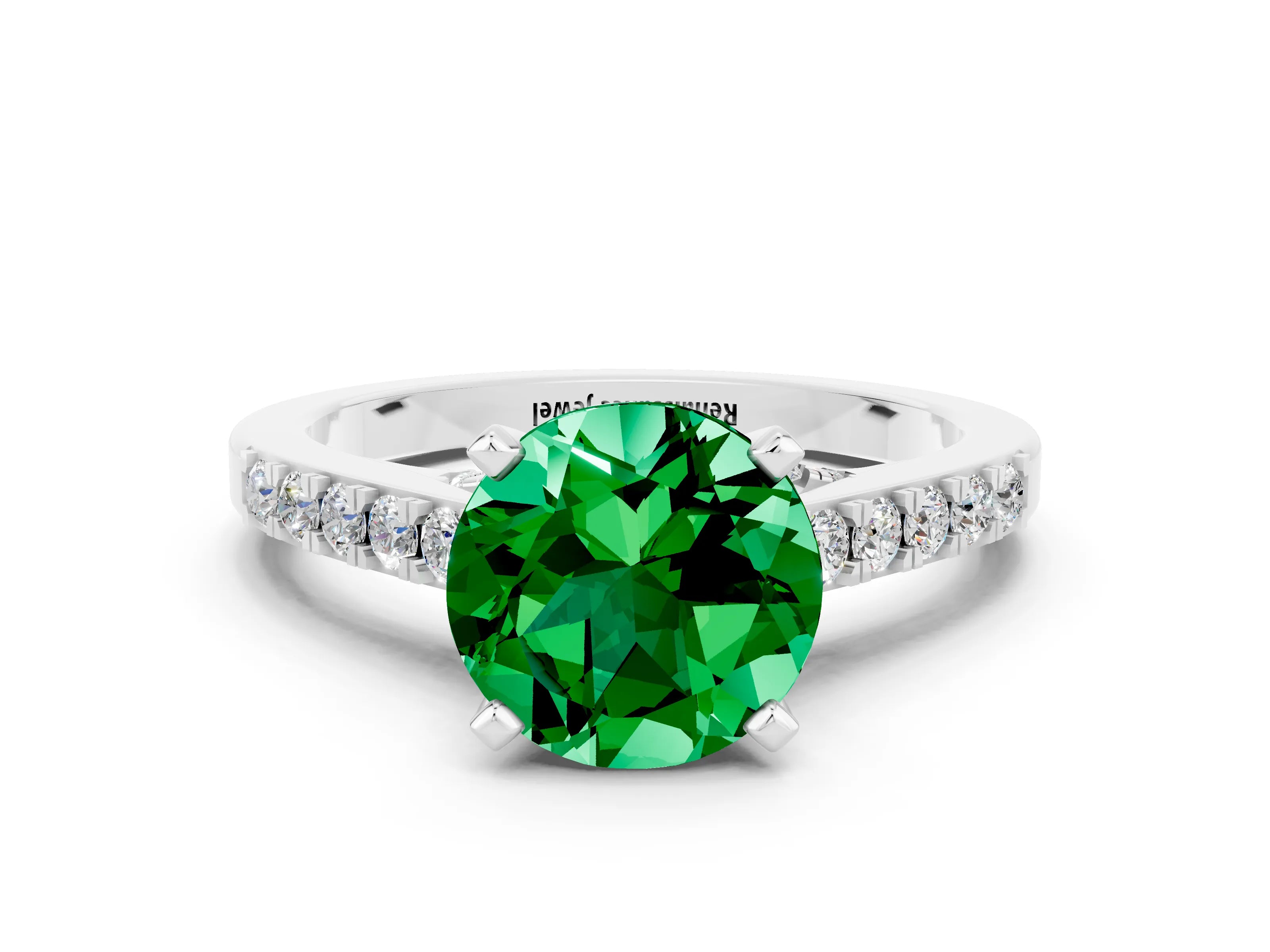 White gold Round Cut Diamond Solitaire Ring with Pavé Band and Prong Setting