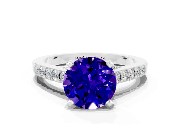 Platinum Round Cut Tanzanite Solitaire Ring with Crossover Gallery and Round  Pavé Band