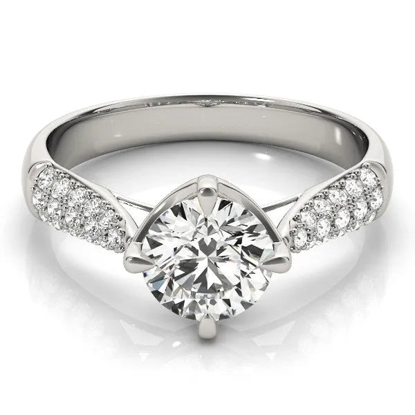 White gold Round Cut Diamond Solitaire Ring with Pavé-Set Shoulders and Four-Prong Setting
