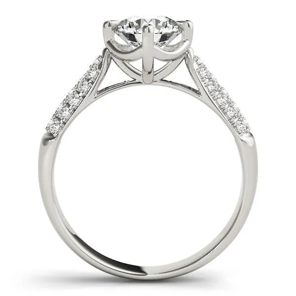 White gold Round Cut Diamond Solitaire Ring with Pavé-Set Shoulders and Four-Prong Setting