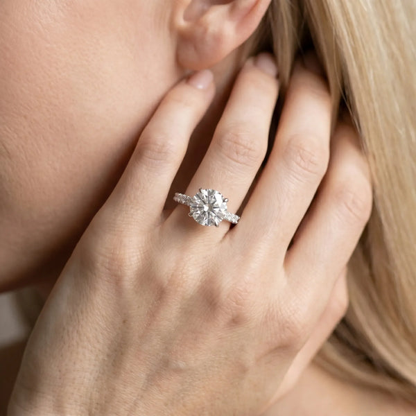 14K White Gold 4.02 Carat F VVS2 Round Diamond Solitaire Ring with Round Pavé Band and Four-Prong Setting