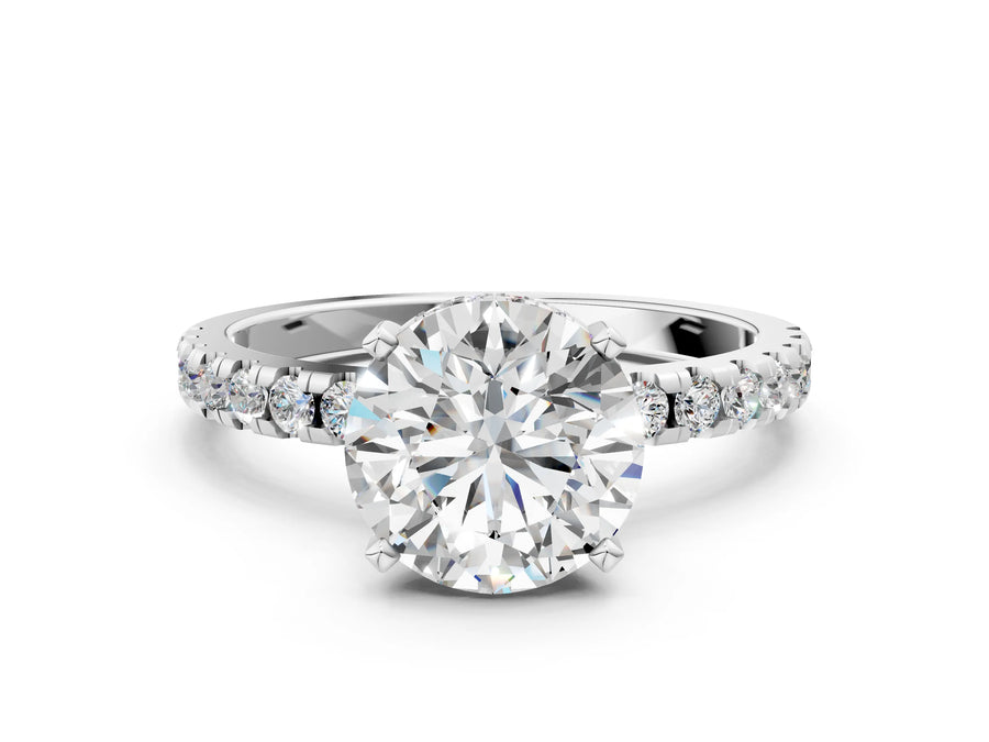 White gold Round Cut Diamond Solitaire Ring with Round  Pavé Band and Four-Prong Setting