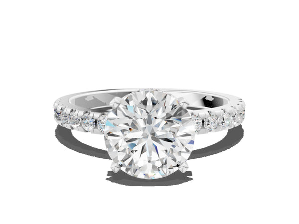 White gold Round Cut Diamond Solitaire Ring with Round  Pavé Band and Four-Prong Setting