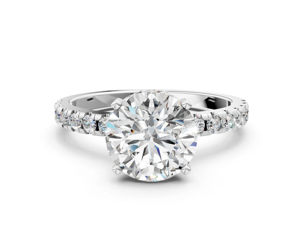 14K White Gold 4.02 Carat F VVS2 Round Diamond Solitaire Ring with Round Pavé Band and Four-Prong Setting