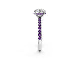 White gold Round Cut Diamond Solitaire Ring with Round with Amethyst side stone Pavé Band and Four-Prong Setting_2