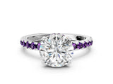 White gold Round Cut Diamond Solitaire Ring with Round with Amethyst side stone Pavé Band and Four-Prong Setting_36