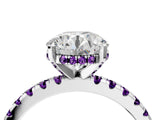 White gold Round Cut Diamond Solitaire Ring with Round with Amethyst side stone Pavé Band and Four-Prong Setting_4