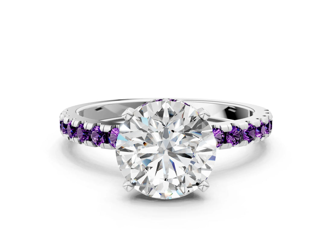 White gold Round Cut Diamond Solitaire Ring with Round with Amethyst side stone Pavé Band and Four-Prong Setting