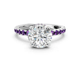 White gold Round Cut Diamond Solitaire Ring with Round with Amethyst side stone Pavé Band and Four-Prong Setting