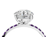 White gold Round Cut Diamond Solitaire Ring with Round with Amethyst side stone Pavé Band and Prong Setting_196