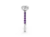 White gold Round Cut Diamond Solitaire Ring with Round with Amethyst side stone Pavé Band and Prong Setting_2