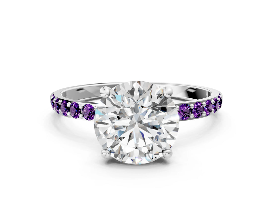 White gold Round Cut Diamond Solitaire Ring with Round with Amethyst side stone Pavé Band and Prong Setting