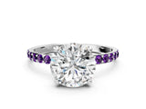 White gold Round Cut Diamond Solitaire Ring with Round with Amethyst side stone Pavé Band and Prong Setting