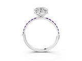 White gold Round Cut Diamond Solitaire Ring with Round with Amethyst side stone Pavé Band and Prong Setting_3