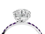 White gold Round Cut Diamond Solitaire Ring with Round with Amethyst side stone Pavé Band and Prong Setting_4