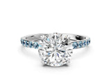 White gold Round Cut Diamond Solitaire Ring with Round with Aquamarine side stone Pavé Band and Prong Setting_12