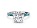 White gold Round Cut Diamond Solitaire Ring with Round with Blue Topaz side stone Pavé Band and Prong Setting_12