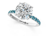 White gold Round Cut Diamond Solitaire Ring with Round with Blue Topaz side stone Pavé Band and Prong Setting_12